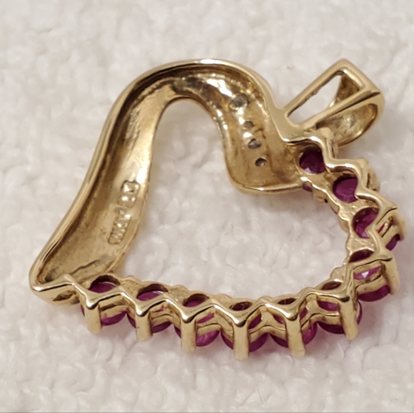 Vintage 10 Karat Yellow Gold Open Heart Pendant Diamonds Red Rubies Women's - Picture 4 of 10